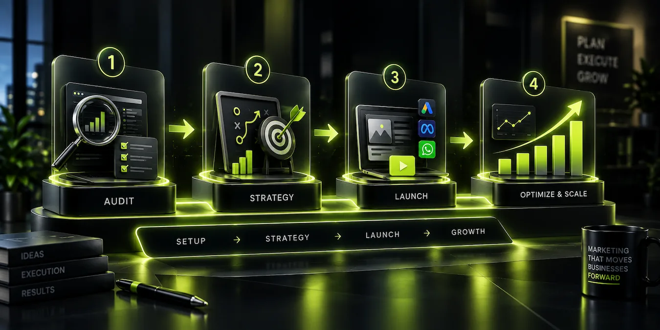 Four-step digital marketing process showing business audit, growth strategy, campaign launch, optimization and scaling