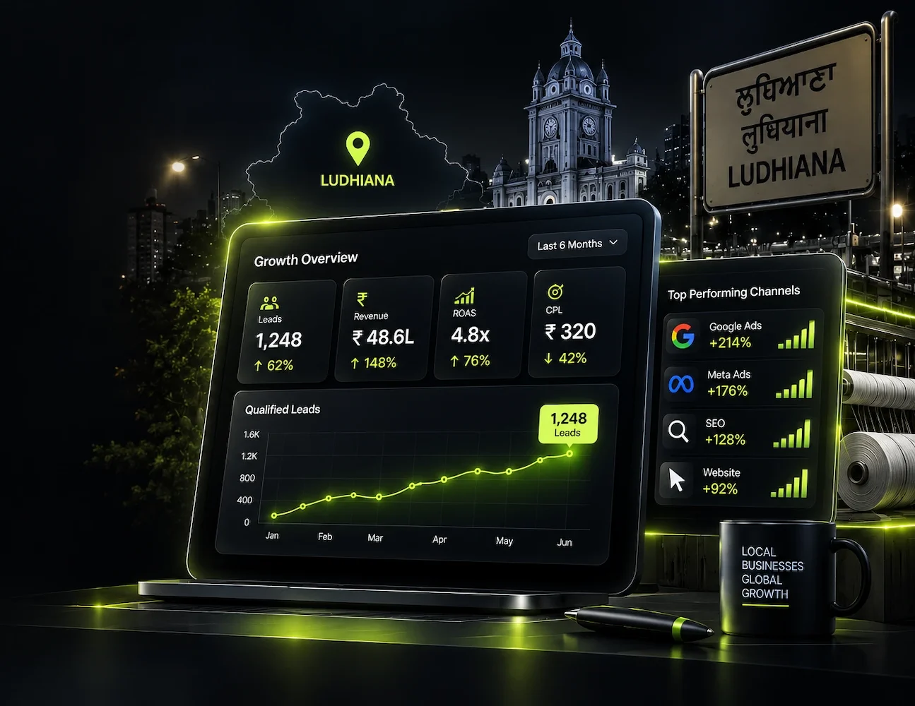 Digital marketing agency in Ludhiana growth dashboard showing leads, revenue, ROAS and campaign performance