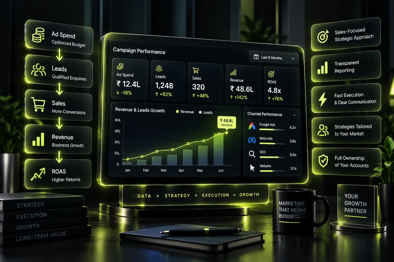 Performance dashboard showing ad spend, qualified leads, sales, revenue and ROAS for digital marketing campaigns