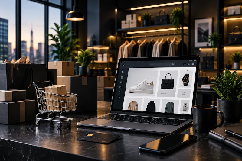 E-commerce startup digital marketing with online store, shopping cart and product catalogue
