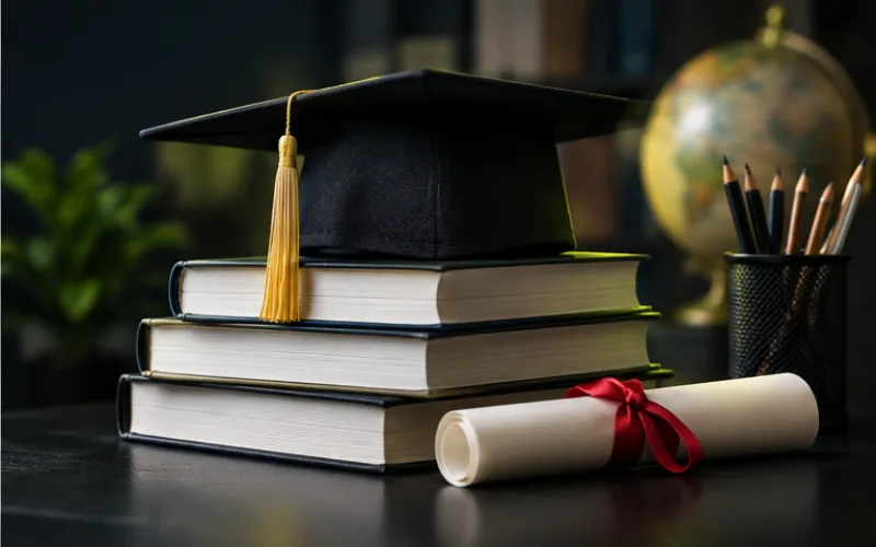 Graduation cap on stacked books representing an education and training institute in Ludhiana