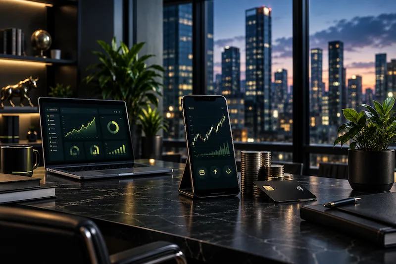 FinTech startup digital marketing with financial analytics and mobile technology