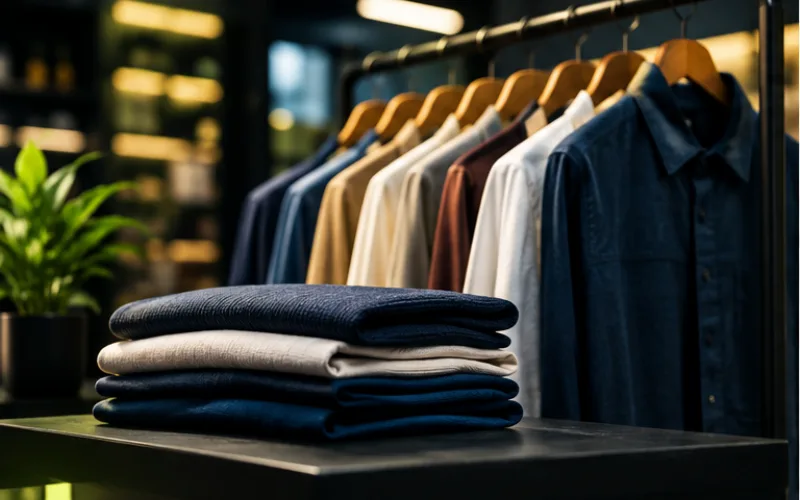 Folded garments and clothing on hangers representing a garment manufacturer in Ludhiana