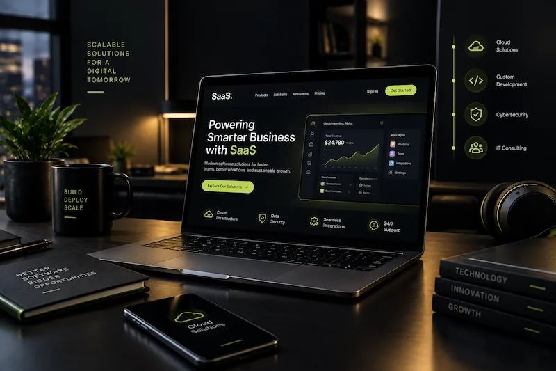 SaaS and technology digital marketing concept representing software, product demand and B2B growth.