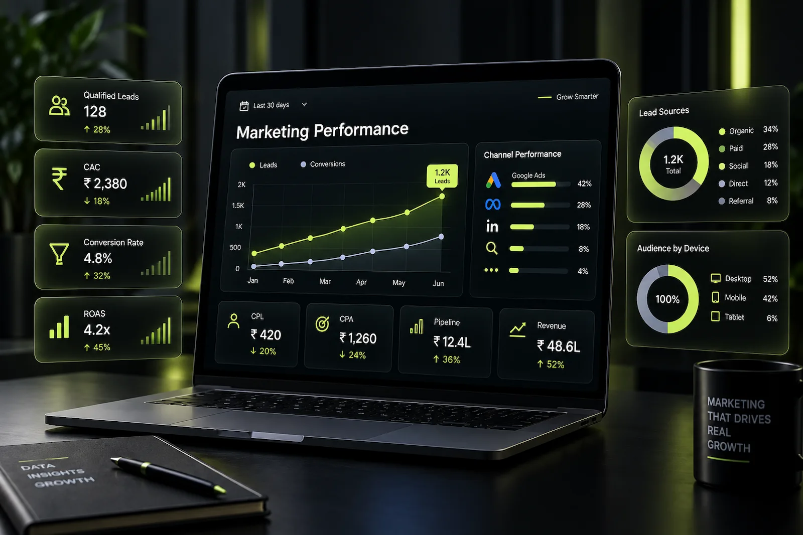 Startup digital marketing reporting dashboard showing qualified leads, CAC, conversion rate, ROAS, pipeline and revenue