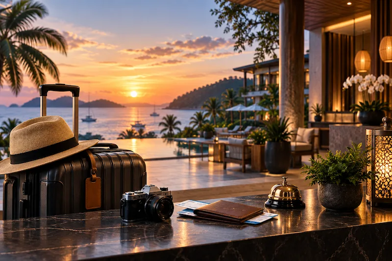 Travel and hospitality digital marketing represented by resort, luggage and booking experience