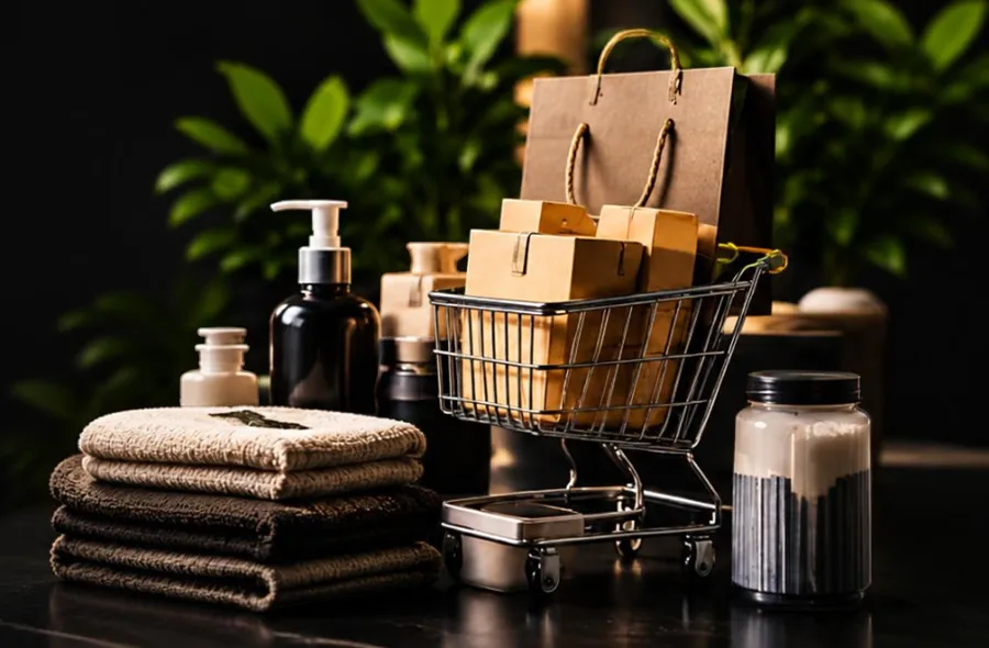 E-commerce shopping cart filled with product packages, surrounded by retail merchandise and online shopping essentials.