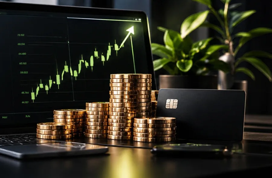 Fintech investment workspace featuring financial market charts, digital banking technology and stacked coins.