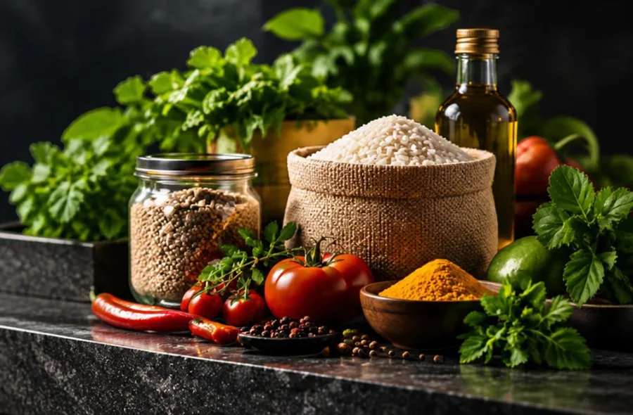 Food industry product display featuring rice, spices, fresh vegetables, packaged ingredients and cooking oil.
