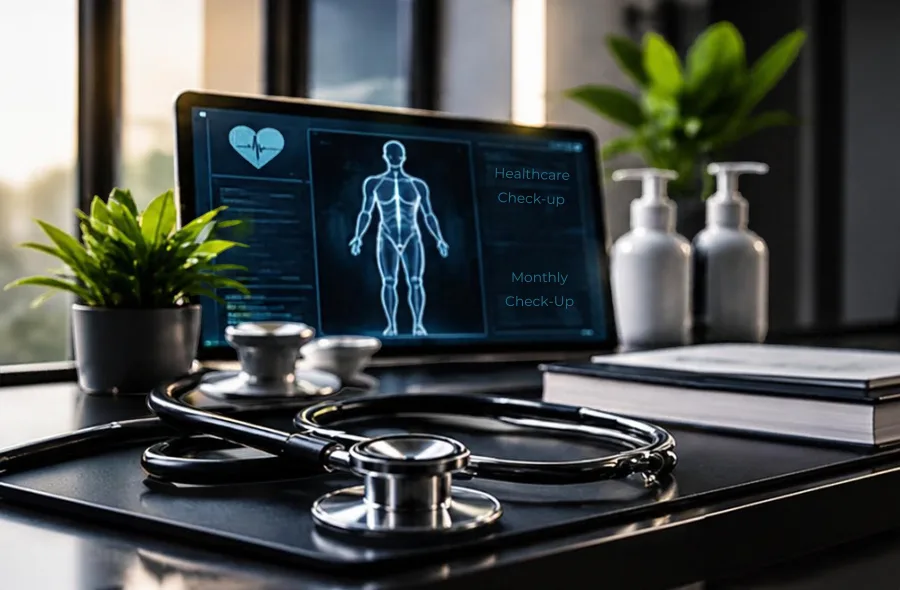 Healthcare technology workspace featuring a digital patient monitoring dashboard, medical equipment and stethoscope.
