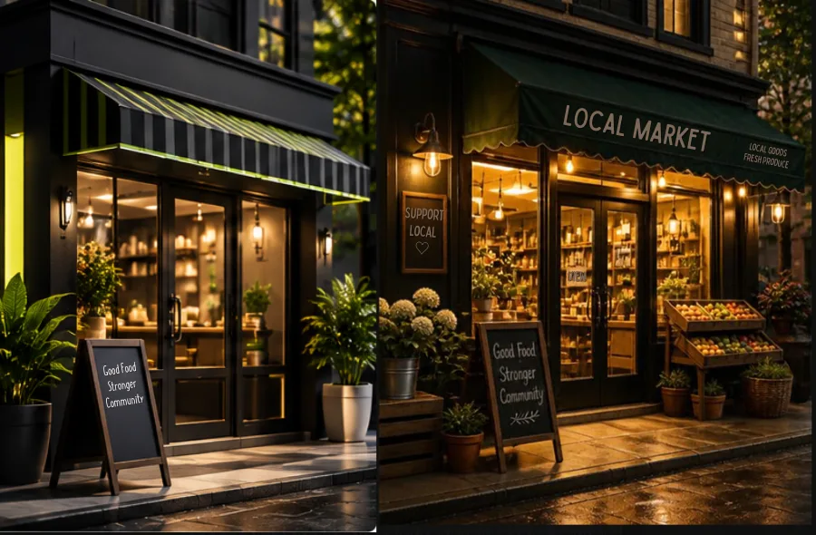 Modern local retail storefront with an illuminated entrance, outdoor signage and welcoming customer-facing business environment.