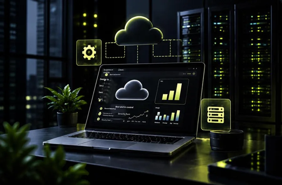 Modern SaaS technology workspace featuring a laptop with cloud software, analytics dashboards and development tools.