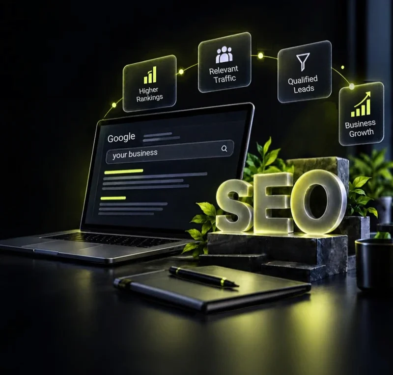 SEO services company in India hero illustration showing organic search traffic, keyword rankings, qualified leads and business growth.