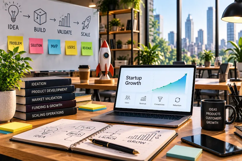 Startup and founder strategy workspace representing business validation, positioning and growth