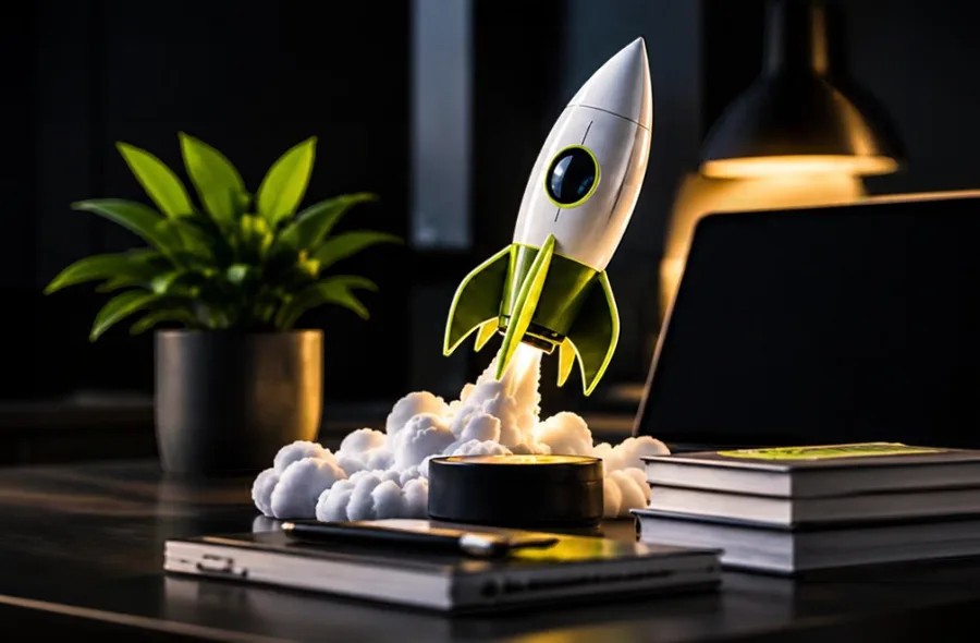 Startup growth concept featuring a launching rocket, modern workspace and upward growth symbolism.