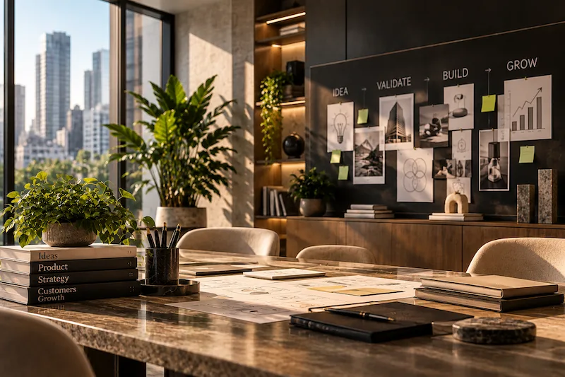 Startup and founder strategy workspace representing business validation, positioning and growth
